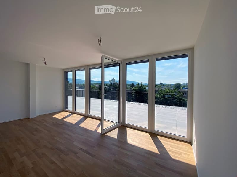 empty room, wooden floor, glass doors leading to a balcony, city view