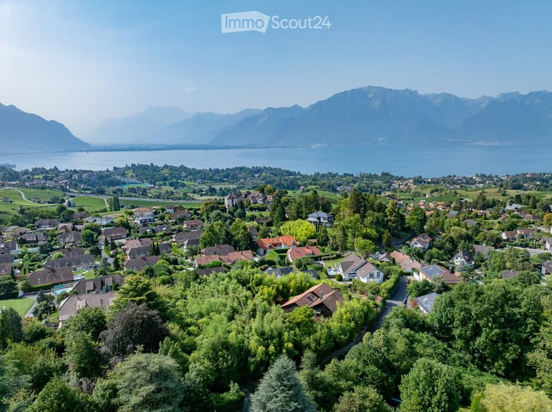 townscape with houses, mountains, and a large lake