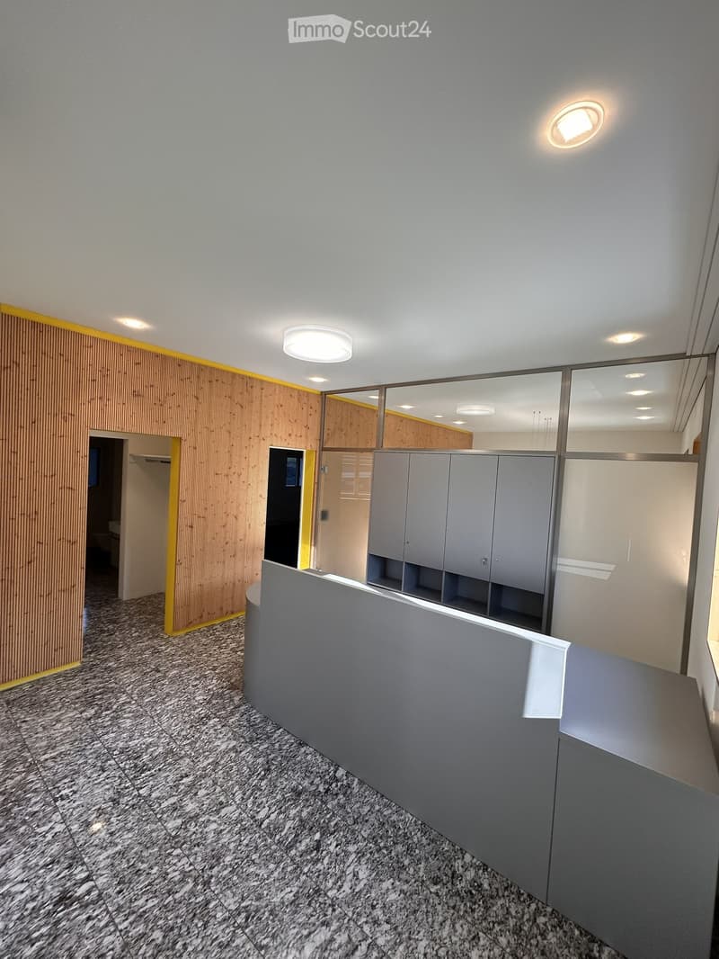 empty room, wooden wall, gray floor, glass wall, gray cabinets, ceiling lights