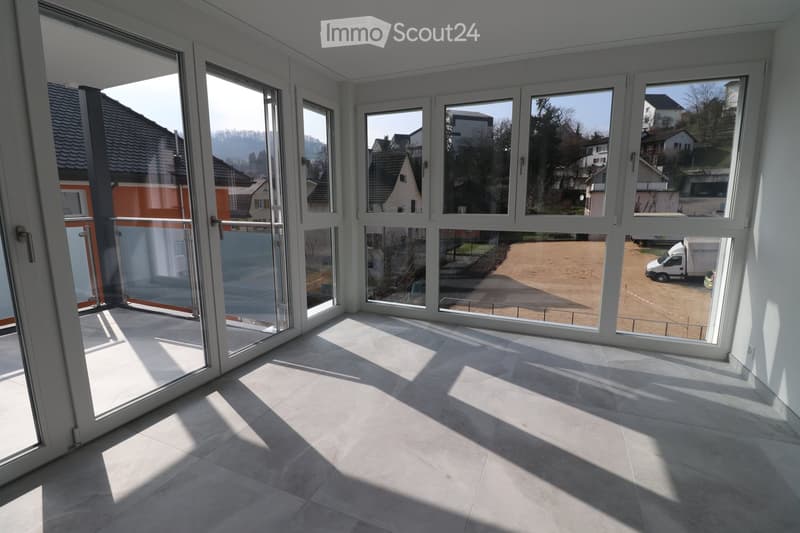 large windows, balcony, tiled floor, modern design