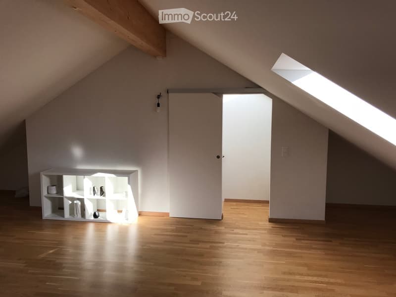 empty attic room, wooden floor, white walls, white shelf, skylight