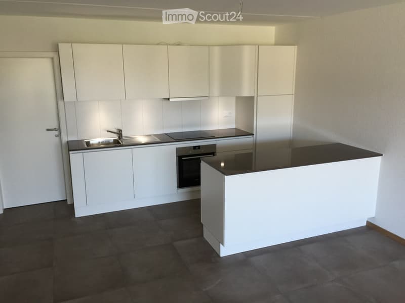 modern kitchen with white cabinets, black countertop, stainless steel sink, oven, dishwasher, washing machine