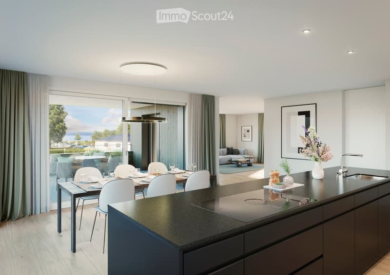 modern kitchen with dining area, large windows, balcony, dining table, chairs, modern lighting, sink, faucet, countertop, cabinets, picture frame, flowers, plants