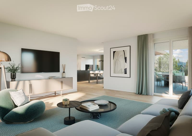 modern living room with large windows, balcony, flat screen TV, couch, coffee table, side table, rug, lamp, and artwork