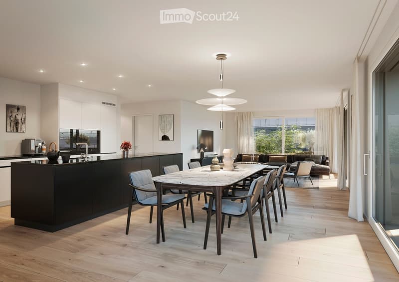 modern dining room with large dining table, black kitchen island, white cabinets, pendant lights, large windows, living room with couch and TV