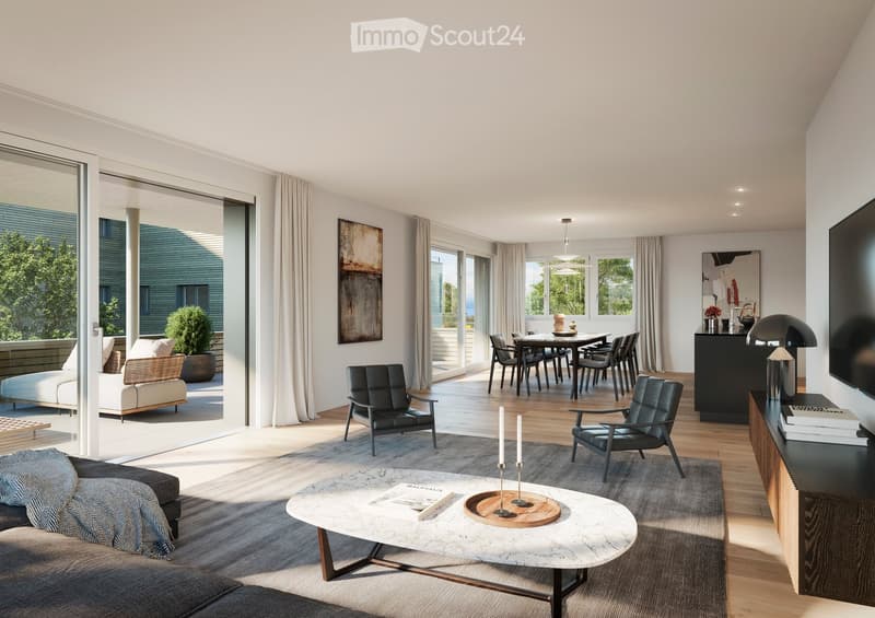 modern living room, large windows, sliding glass doors, balcony, wooden floor, white walls, large sofa, coffee table, dining table, chairs, TV, artwork