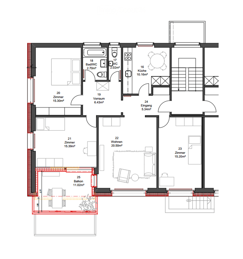 living room, kitchen, 4 bedrooms, 2 bathrooms, balcony