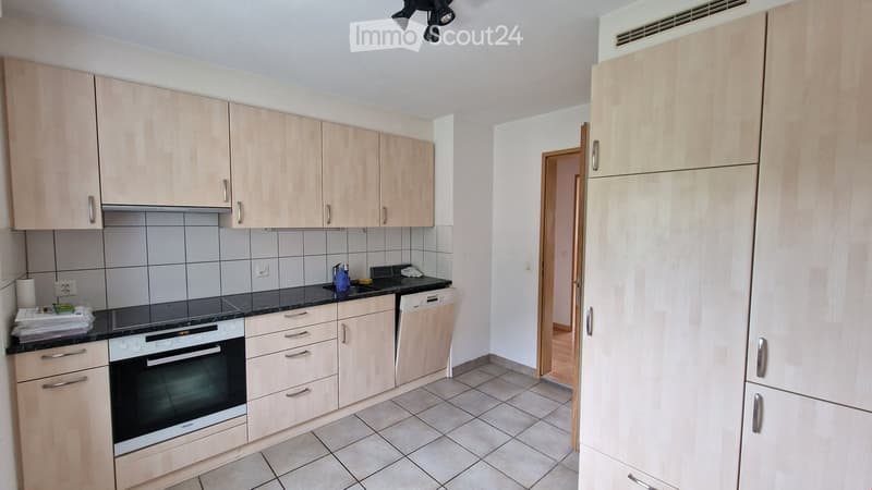 modern kitchen with wooden cabinets, black countertops, built-in oven, dishwasher, and washing machine