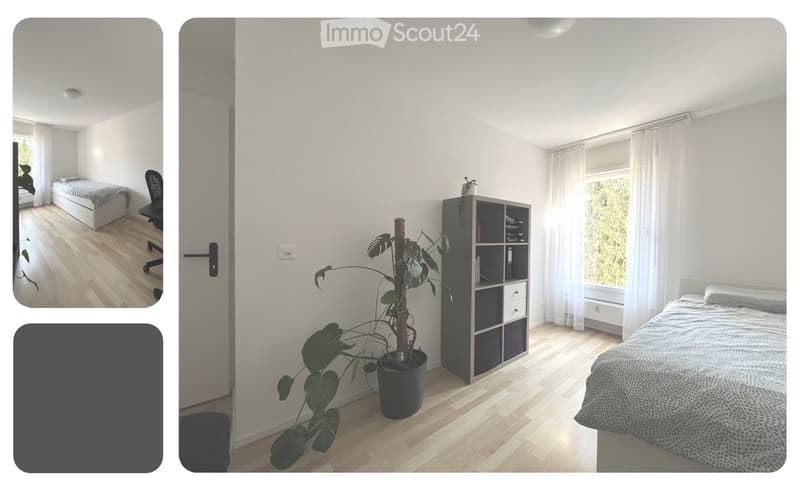bedroom with bed, shelf, plant, and window