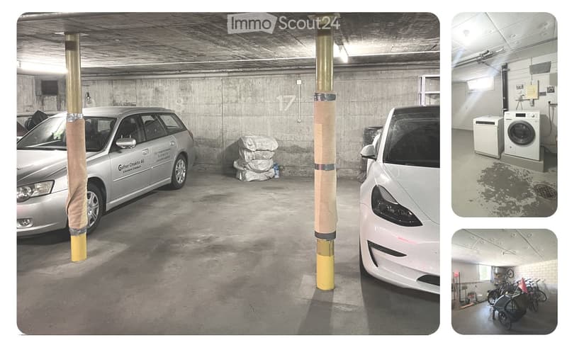 underground parking lot with two cars parked, yellow poles, white walls, ceiling lights, storage boxes, washing machines, bicycles