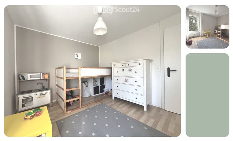 Children's room with bunk bed, wardrobe, play kitchen, microwave, sink, toy car, rug, lamp