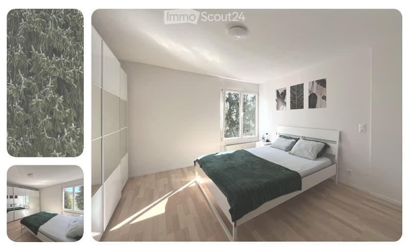 Bedroom with bed, nightstands, and framed pictures on the wall