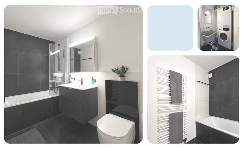 modern bathroom with bathtub, shower, toilet, sink, mirror, towel rack, washing machine