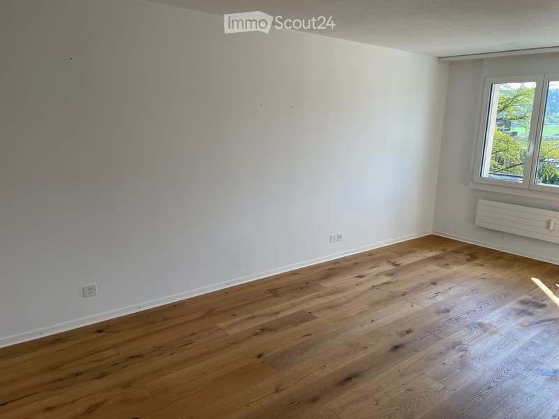 empty room, white walls, wooden floor, window with view