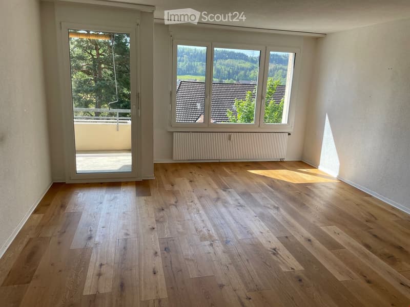 empty room, wooden floor, sliding glass doors, balcony, large windows, white walls, white radiator