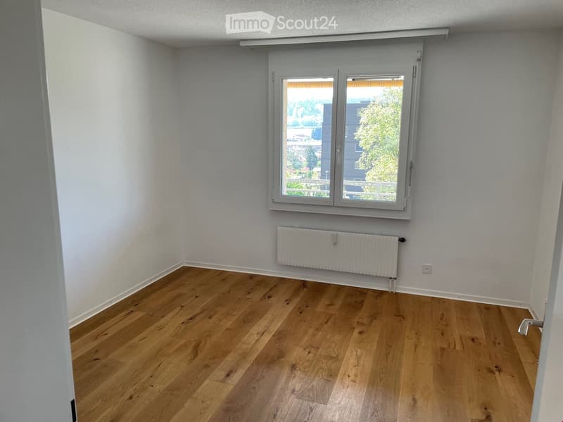 Empty room with white walls, wooden floor, white window, white radiator