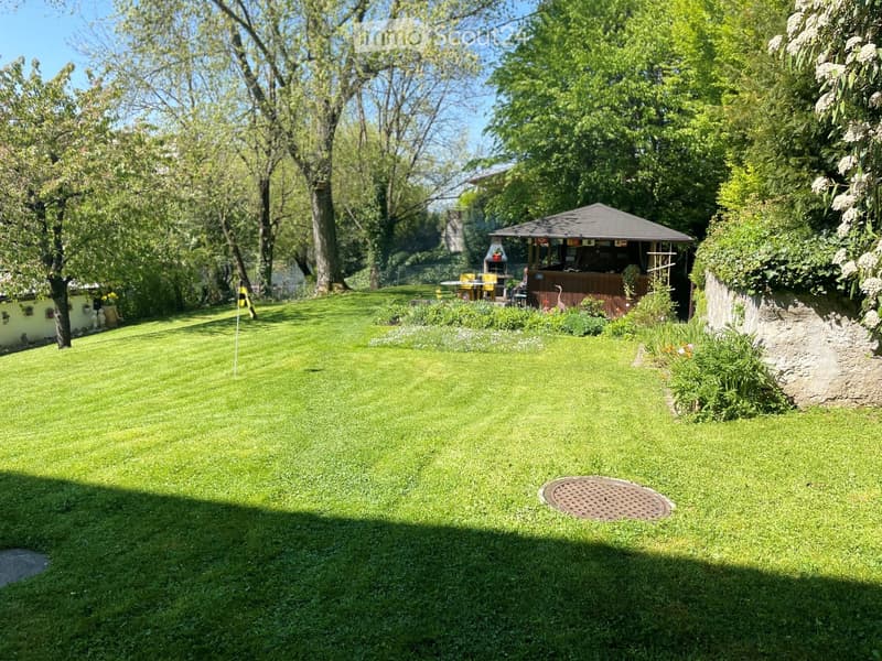 large green lawn, small shed, trees, plants, flag, man sitting