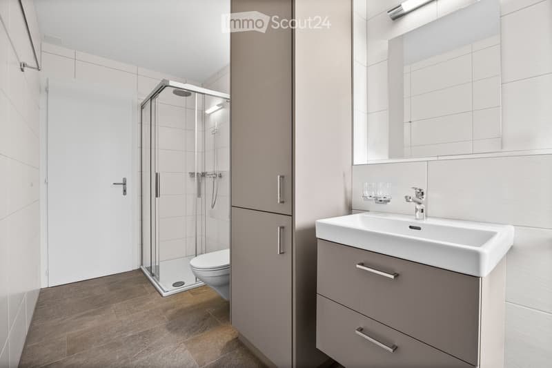 modern bathroom with shower, toilet, sink, and cabinets