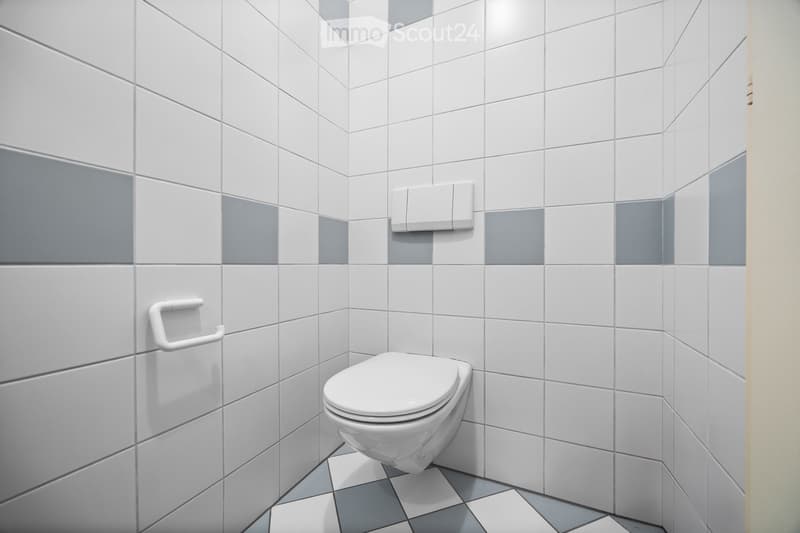 white tiled walls, white toilet, white tiled floor, white toilet paper holder