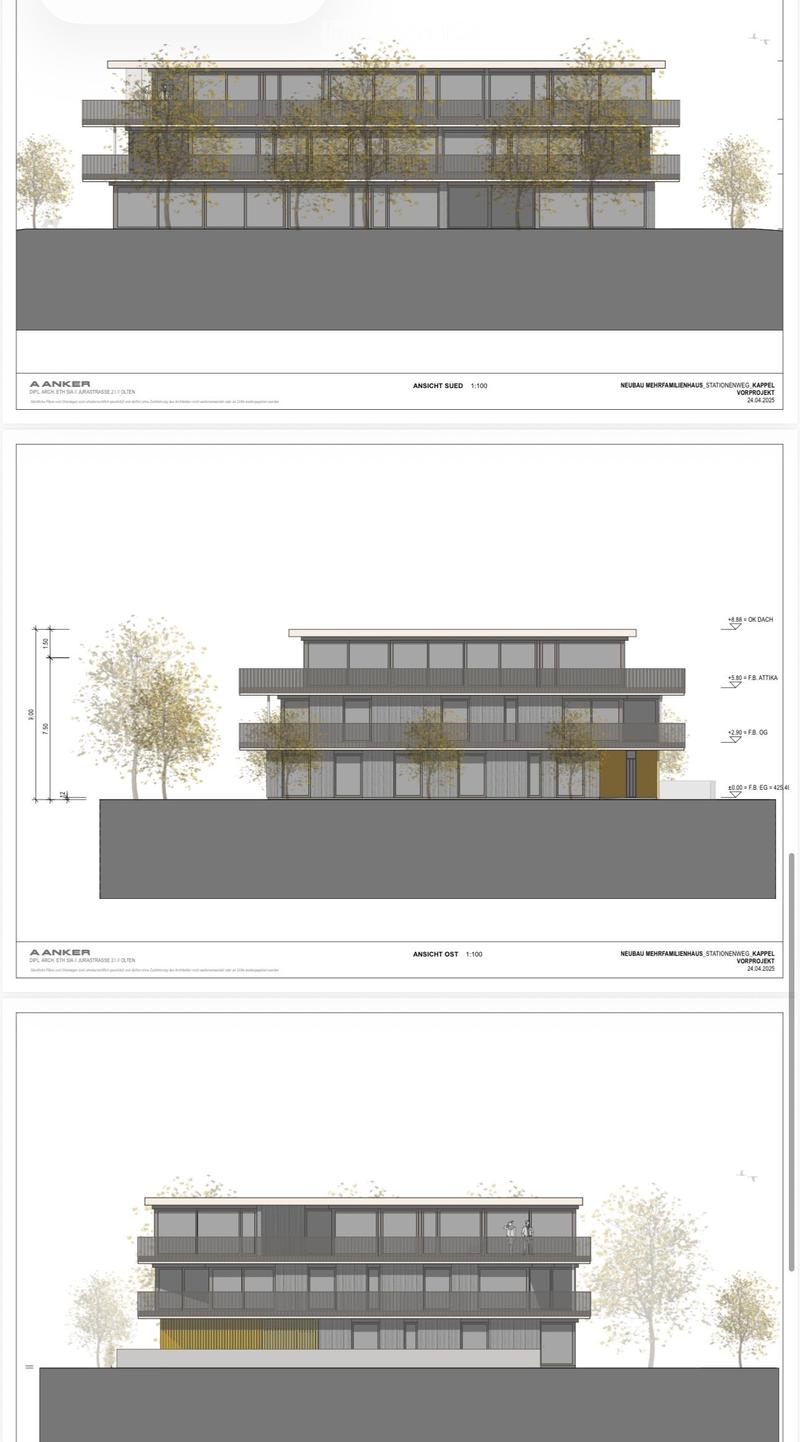 3 story building, multiple balconies, large windows, modern design