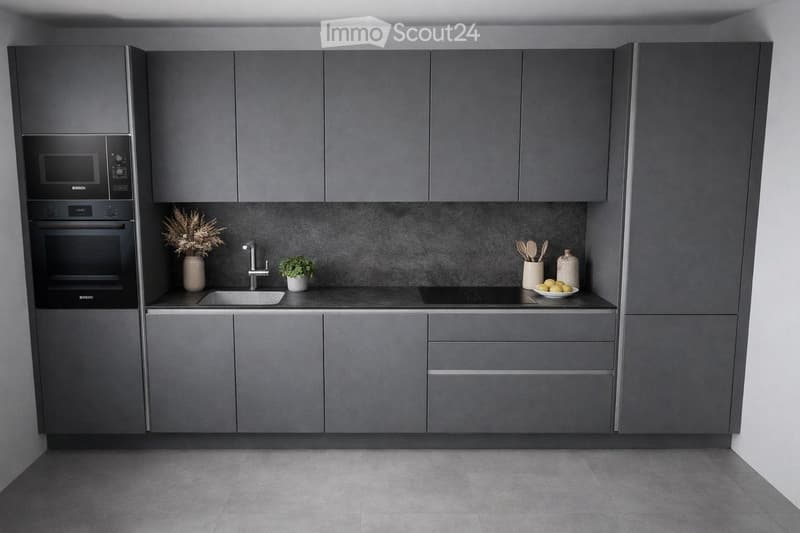 modern kitchen with gray cabinets, black countertops, integrated oven and microwave, sink with faucet, gas stove, and various kitchen utensils