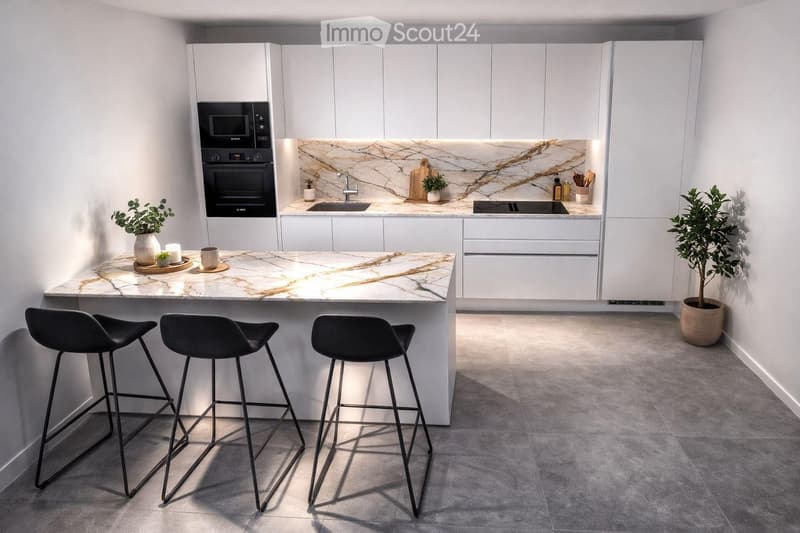 modern kitchen with marble countertops, white cabinets, black bar stools, black oven, black stove, sink, faucet, potted plants