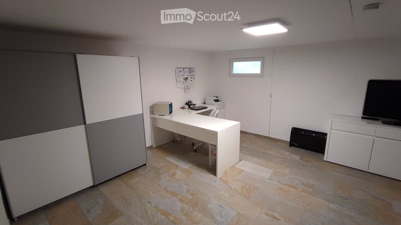 desk, computer monitor, television, printer, cabinets