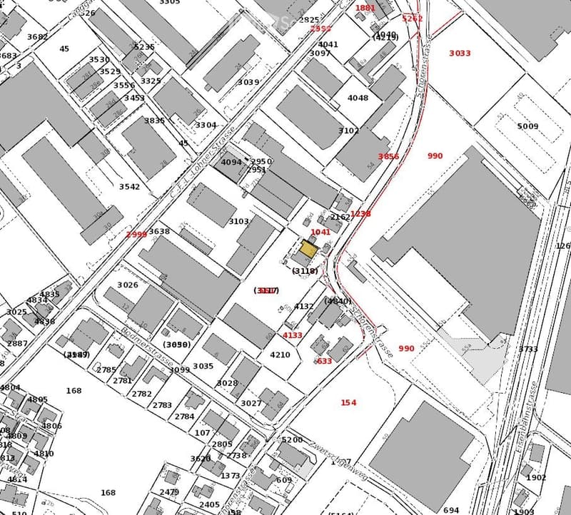 Floor plan with various numbered lots and streets