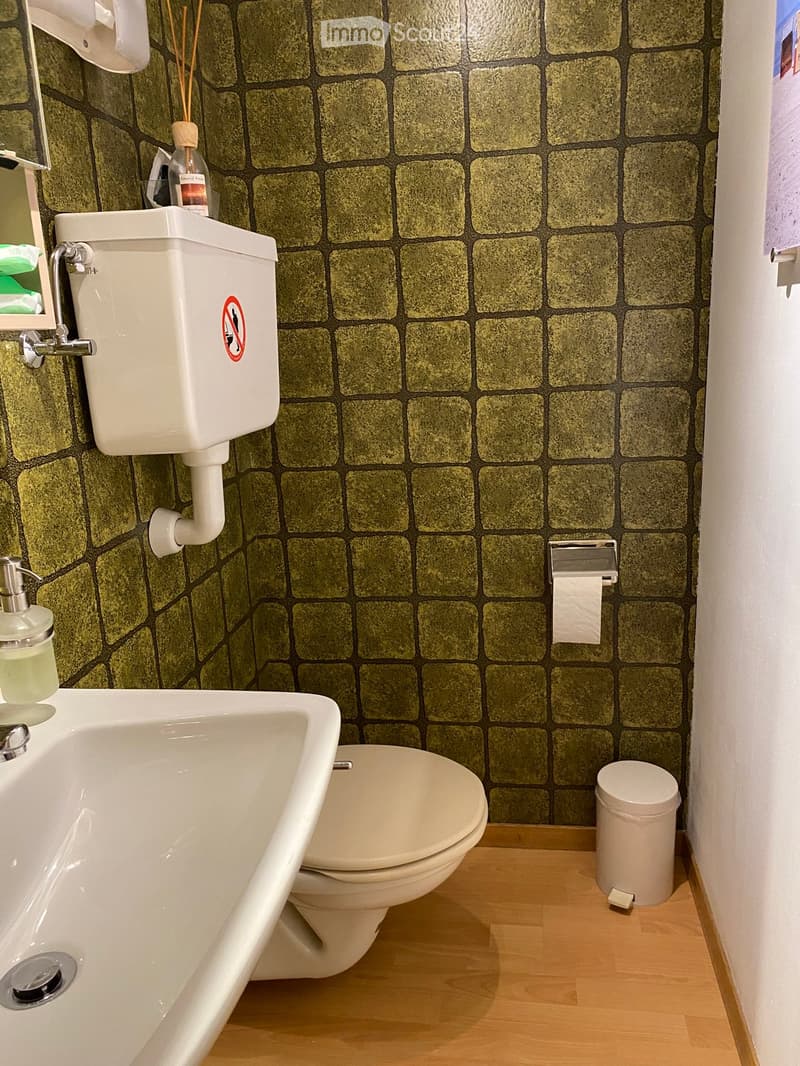 small bathroom with green tiles, white toilet, white sink, wooden floor