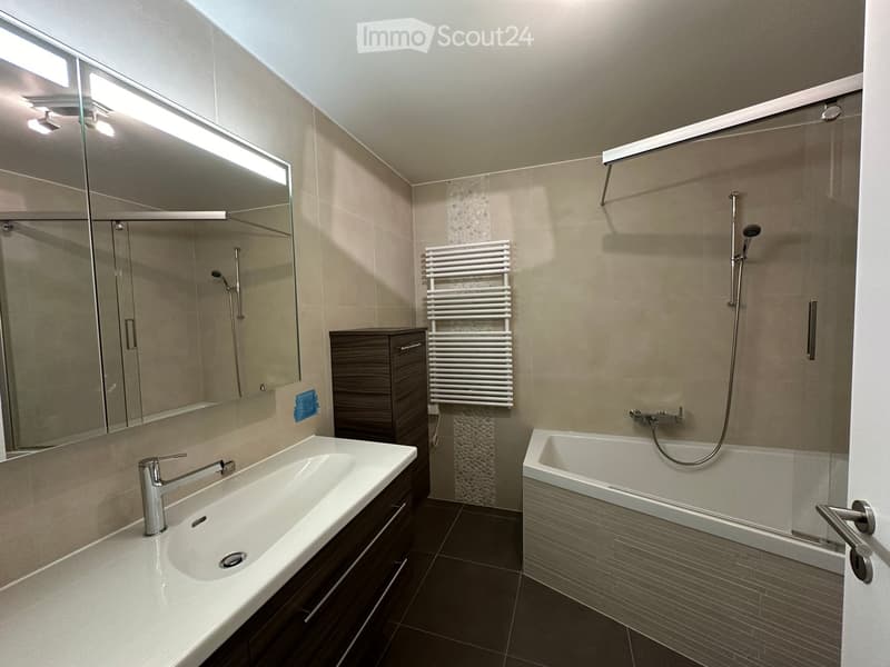 modern bathroom with white sink, mirror, bathtub, shower, and towel rack