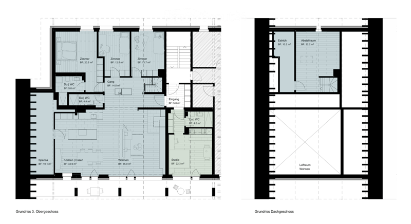 Ground floor: living room, kitchen, dining room, 3 bedrooms, 2 bathrooms, storage, entrance, hallway, balcony. Attic floor: living room, bedroom, storage, hallway.
