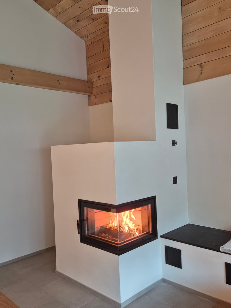 Modern hallway with a built-in fireplace featuring a glass front and a burning fire, surrounded by white walls and wooden ceiling beams.