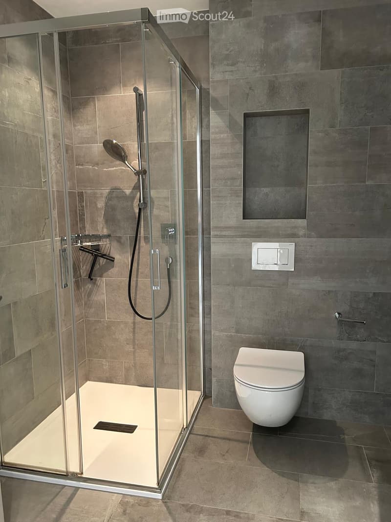 glass enclosed shower, white toilet, wall tiles, chrome fixtures, modern design