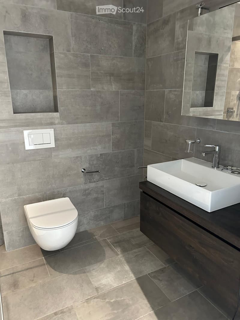 Gray tiled walls, white ceramic sink, wooden cabinet, modern flush toilet, silver fixtures, recessed mirror.