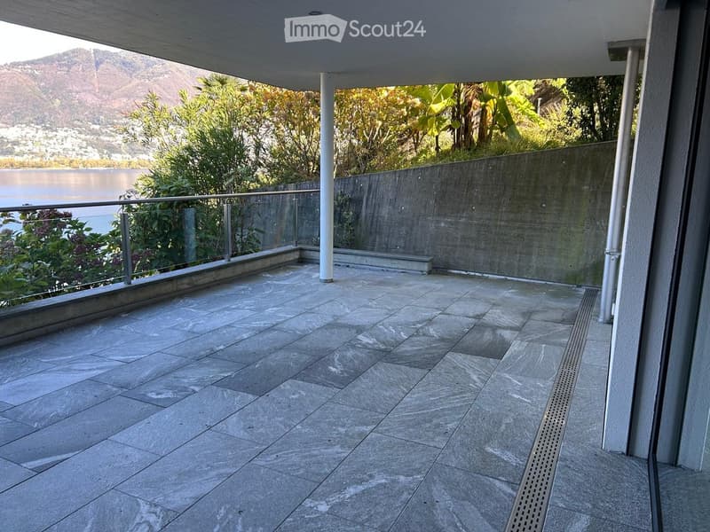 Tiled terrace, metal railings, plants, lake view, mountain view