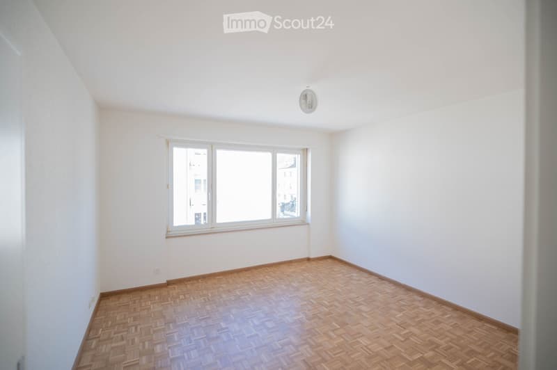 empty room, white walls, wooden floor, large window