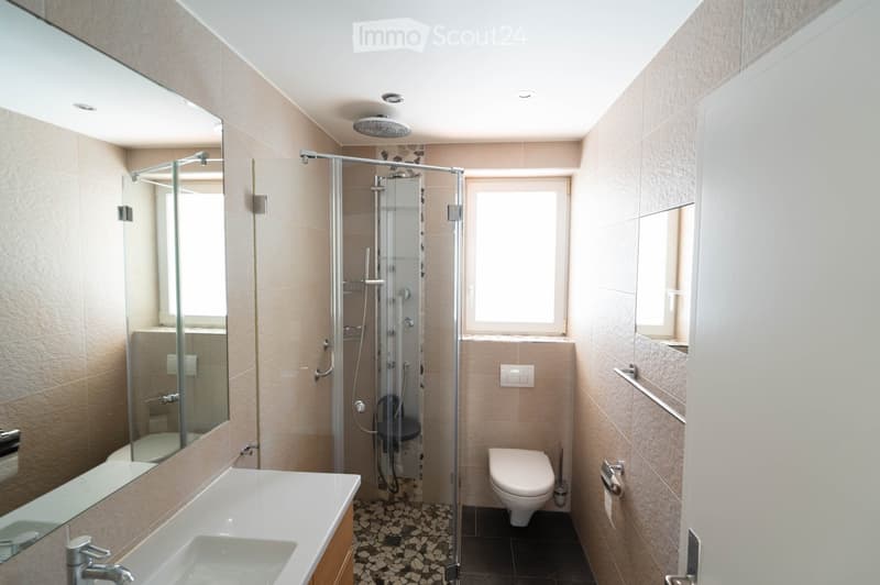 modern bathroom with shower, toilet, sink, and mirrors
