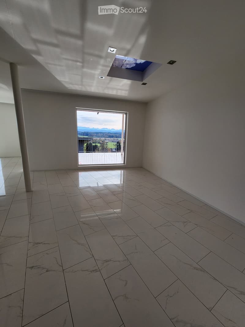 empty room, white tiled floor, large window, balcony, skylight, railings