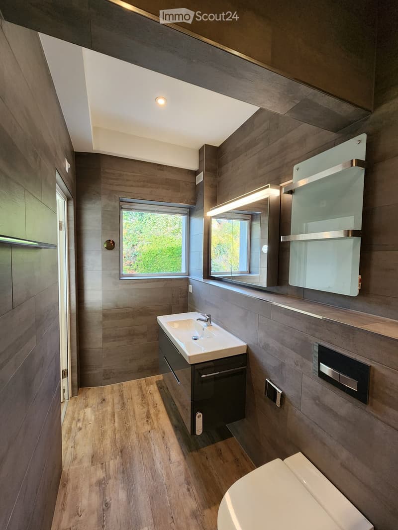 modern bathroom, white ceramic sink, black cabinetry, wooden flooring, window, built-in mirror