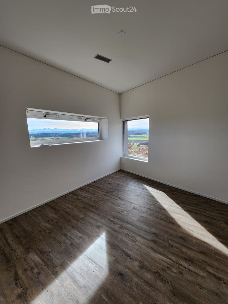 Empty room with white walls, wooden floor, and two large windows with a scenic view