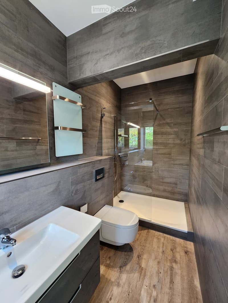 A modern bathroom with wooden flooring and gray walls, featuring a white toilet, white sink, and a glass-enclosed shower area.
