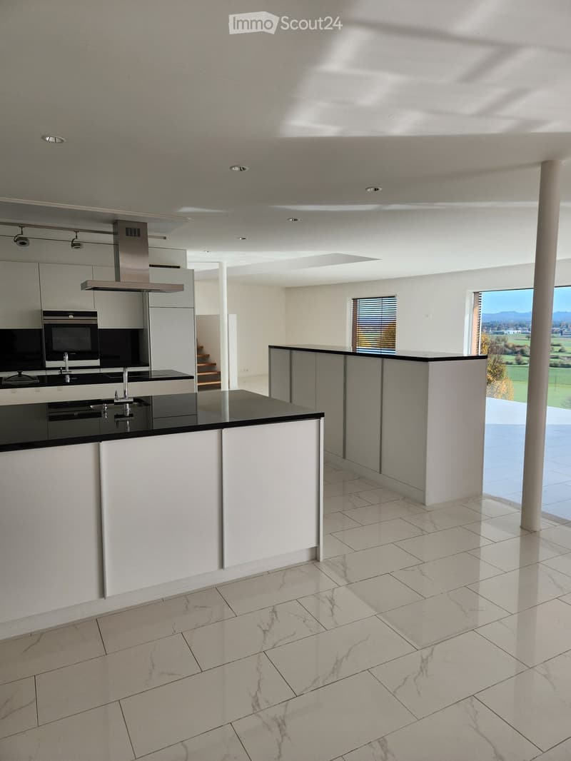 kitchen with modern appliances and cabinetry, marble flooring, island, large windows