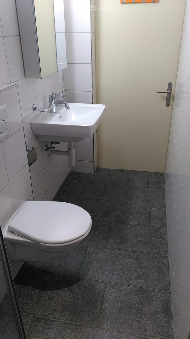 Modern bathroom with white tiled walls, a white toilet, a white sink with a chrome faucet, and a mirror above the sink. The floor is covered with dark grey tiles.
