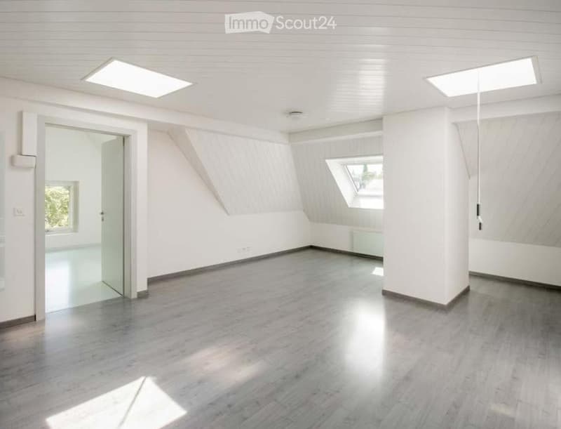 empty room, white walls, wooden floor, two windows, two skylights, ceiling lights