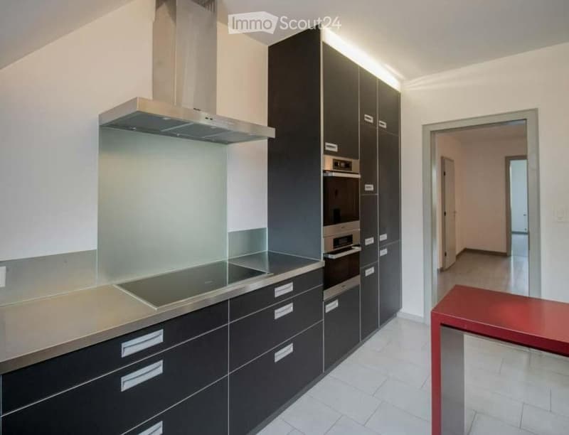 modern kitchen with black cabinets, stainless steel countertops, induction hob, oven, extractor hood, dishwasher