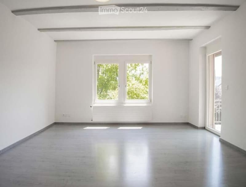 empty room, white walls, wooden floor, large windows, balcony