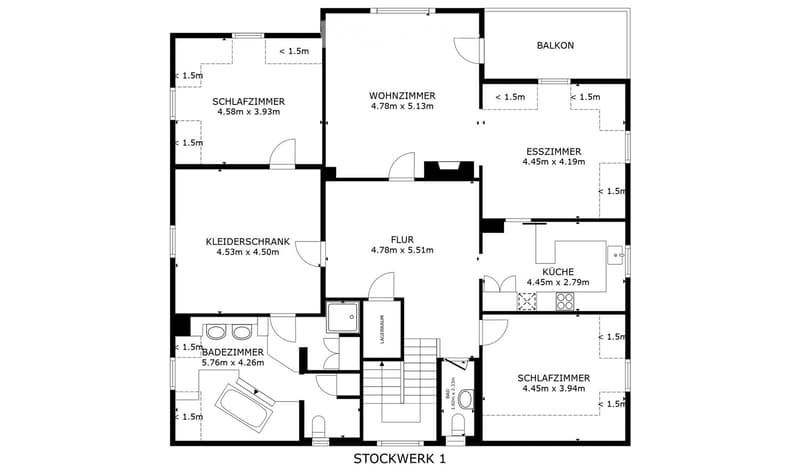 Living room, kitchen, 3 bedrooms, 2 bathrooms, balcony