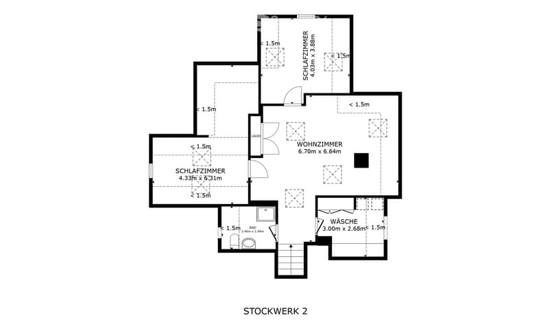 Living room, kitchen, 2 bedrooms, bathroom, laundry room