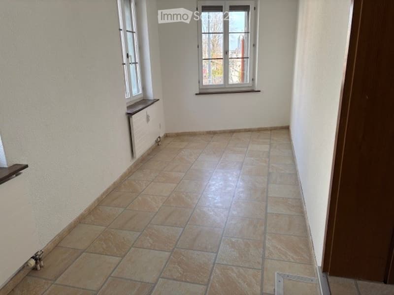 Empty room with white walls, tiled floor, two windows, and a radiator