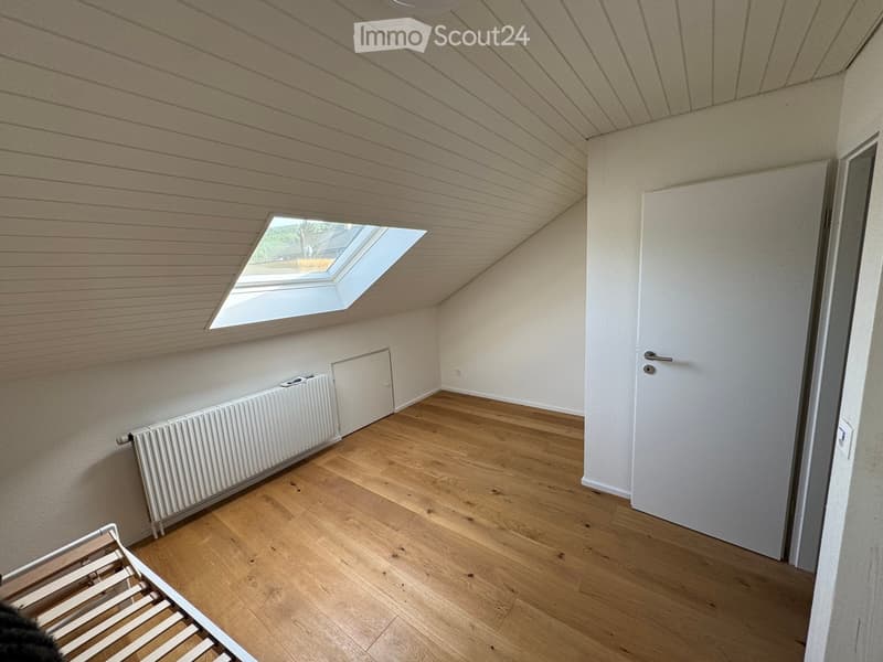 empty room, wooden floor, white walls, white door, white radiator, skylight